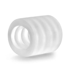 Close-up of the clear ribbed silicone Downtown BJ Stroker sleeve showing open-ended tunnel design
