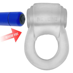 Clear silicone REVRING cock ring beside removable blue Reverb bullet vibe, close-up detail