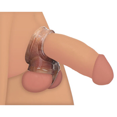 Clear stretchy erection enhancer worn to show dual-ring fit around shaft and scrotum for support