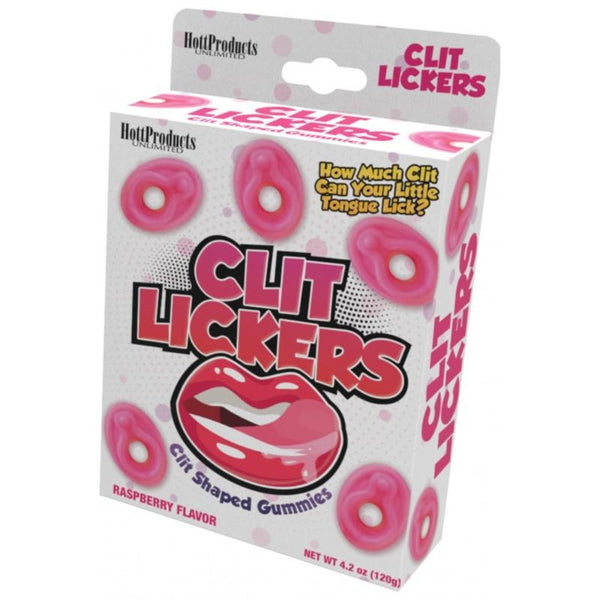 Clit Lickers raspberry-flavored gummy candy box, pink clitoris-shaped gummies, front view