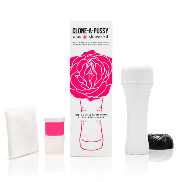 Clone A Pussy Plus+ Sleeve Kit components laid flat: molding powder, container, white sleeve, and cap