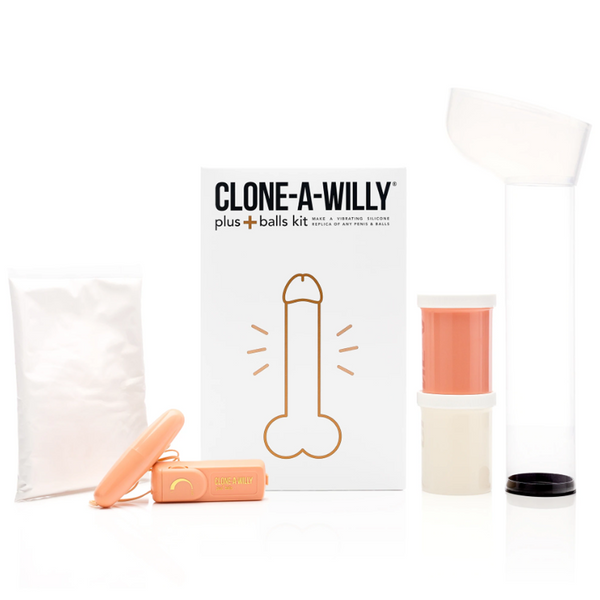 Clone A Willy Plus+ Balls Kit components including moulding tube, silicone, and vibrator in light skin tone