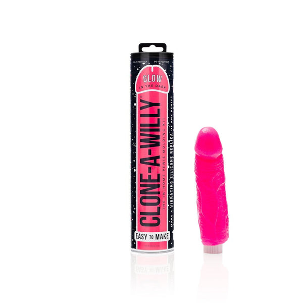 Clone A Willy Glow in the Dark pink silicone vibrating dildo beside its tube packaging