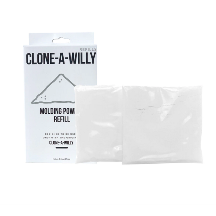 Clone-A-Willy Molding Powder Refill box beside a sealed white powder packet