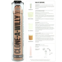 Clone-A-Willy packaging with full kit contents list showing thermometer and vibrator parts