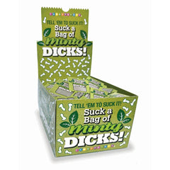Closed view of Minty Dicks 100pc countertop display box with green novelty candy branding