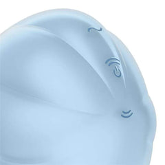 Close-up of Cloud Dancer control buttons showing air pulse and vibration settings on blue silicone