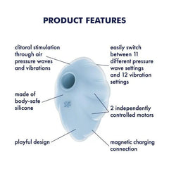 Cloud Dancer product feature diagram highlighting 11 pressure wave settings and magnetic charging