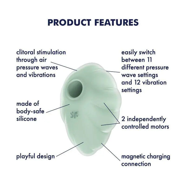 Cloud Dancer product features diagram: 11 pressure wave settings, 12 vibration modes, magnetic charging