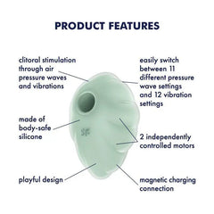Cloud Dancer product features diagram: 11 pressure wave settings, 12 vibration modes, magnetic charging