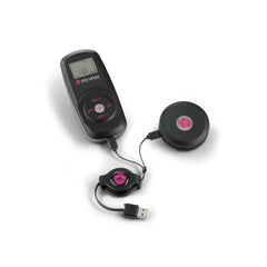 Cluster Buster eStim unit connected to wireless receiver puck and retractable USB charging cable