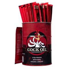 Cock Oil branded collector drum rear angle, filled with water-based lubricant foil packets