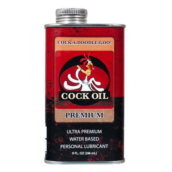 Cock Oil Premium water-based personal lubricant in a red and black 9 oz metal tin