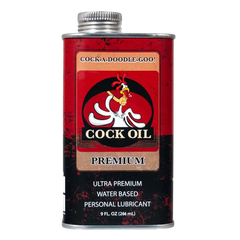 Cock Oil Premium water-based personal lubricant in a red and black 9 oz metal tin