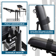 Close-up collage of adjustable joints, durable steel tubing, and padded backrest D-ring attachment points