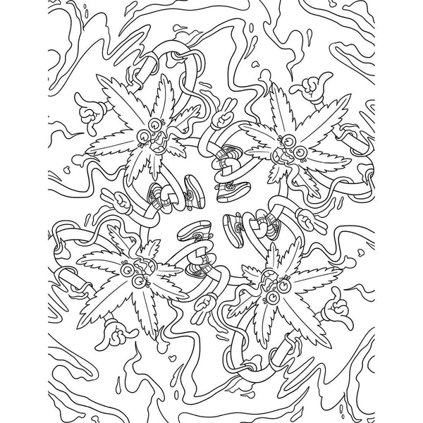 Coloring book interior page with whimsical dancing botanical characters arranged in a circular swirl pattern