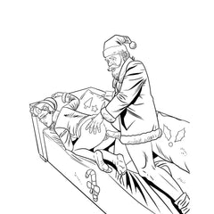 Close-up coloring page detail featuring Santa Claus and a sleeping figure in a bedroom scene