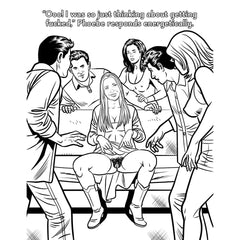 Close-up coloring page showing group scene with bold outlines designed for easy adult coloring