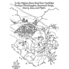 Coloring page spread showing four hobbit parody characters relaxing outside a round door