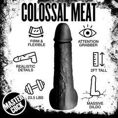 Colossal Meat infographic highlighting firm flexible build, realistic texture, 2ft height, 23.5 lbs
