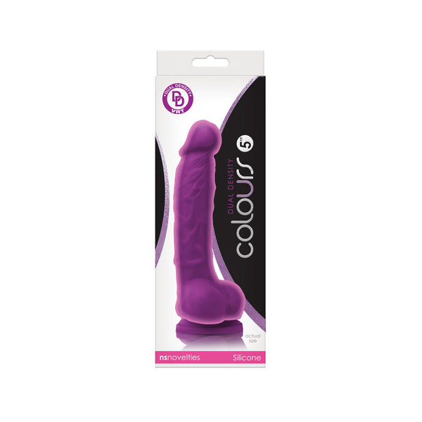 Colours Dual Density 5" dildo packaging showing purple silicone toy by NS Novelties