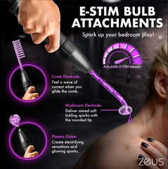 Comb, mushroom, and plasma globe e-stim electrodes shown glowing purple with adjustable intensity dial callouts