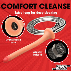Comfort Cleanse enema hose with strong suction base, shower hose, and included adapter