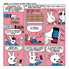 Comic strip page depicting humorous story about overconsumption, pink and white illustrated panels with dialogue