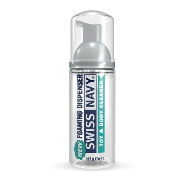 Compact 47ml Swiss Navy foaming cleanser with grey pump top, front label detail