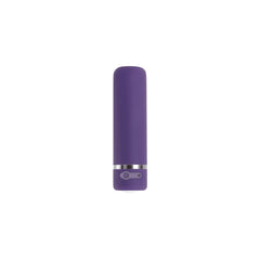 Compact matte purple bullet vibrator standing upright, showing slim cylindrical shape and control button