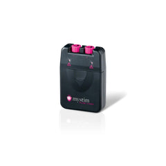 Compact Mystim Pure Vibes single-channel unit in black with dual pink output knobs, side angle