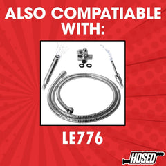 Compatibility infographic showing Hosed enema hose works with LE776 shower douche kit