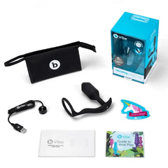 Complete b-Vibe Snug & Tug kit with storage pouch, charging cable, guides, and retail box