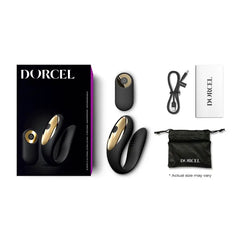 Complete Dorcel Perfect Lover kit with vibrator, remote, USB cable, pouch, and instruction booklet