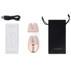 Complete Double Vibe kit with USB cable, ribbed cap, user manual, and black storage pouch