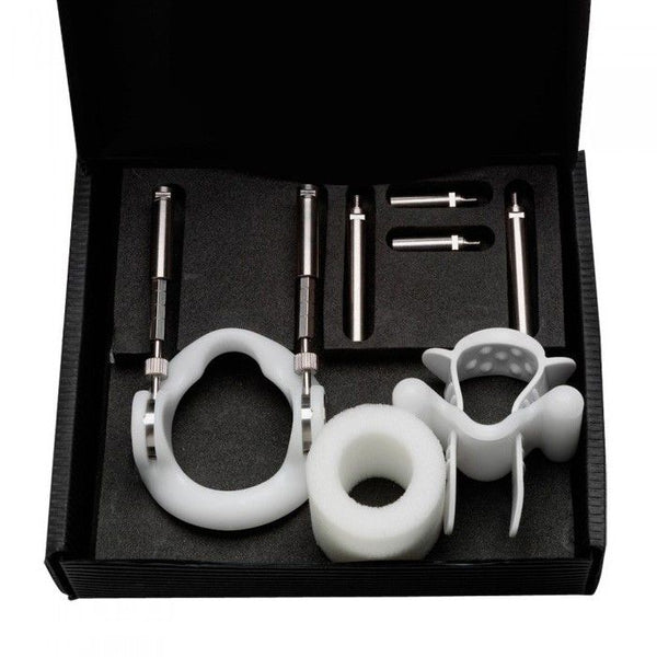 Complete Jes-Extender Light accessory set laid out in black foam-lined gift box