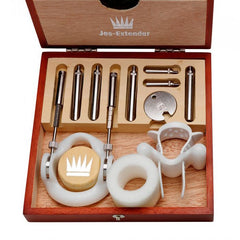 Complete Jes-Extender Original set organized in open engraved wooden box showing all accessories