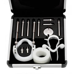 Complete Jes-Extender Titanium kit laid in foam-lined case showing rings, rods and accessories
