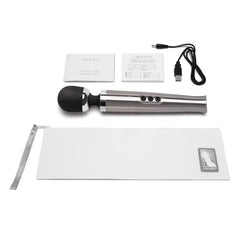 Complete Le Wand Die Cast Massager kit with pouch, USB cable, and instruction booklets