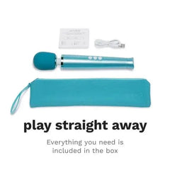 Complete Le Wand Dive box contents laid flat: wand massager, storage bag, USB cable, and manual
