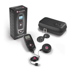Complete Mystim Cluster Buster kit with box, device, puck, pads, cable, case and batteries displayed