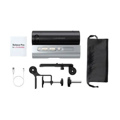 Complete Solace Pro kit laid flat showing base, clamp, cable, sleeve, and storage bag