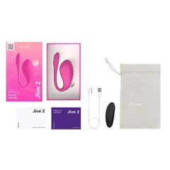 Complete We-Vibe Jive 2 kit with box, vibrator, remote, charger, pouch, and user guides