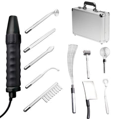 Complete Zeus violet wand kit showing ergonomic wand handle, five glass electrodes, and silver aluminum storage case