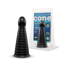 Cone dildo beside retail packaging showing ribbed design and product specifications