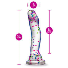 Confetti Glow dildo with dimensions: 7.5in total, 6in insertable, 1.5in wide
