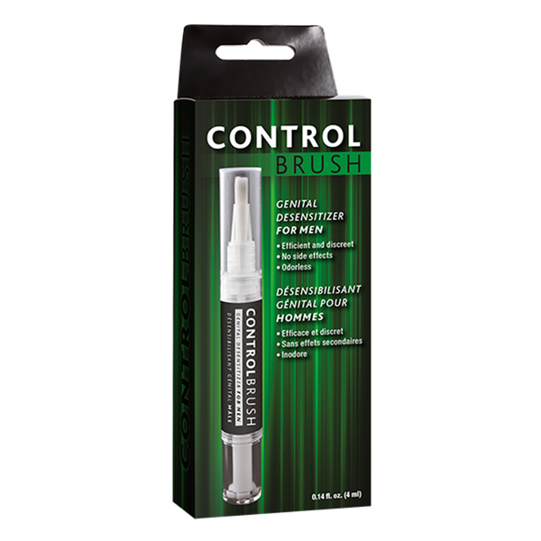 Control Brush genital desensitizer for men in open retail packaging showing bilingual label