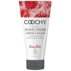 Coochy Berry Bliss shave cream tube, white with red berry design, 0.5 fl oz travel size