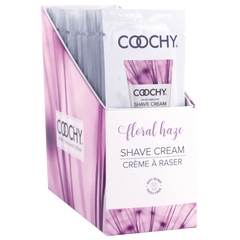 Coochy Floral Haze Shave Cream foil packet display box, 24-count retail counter unit
