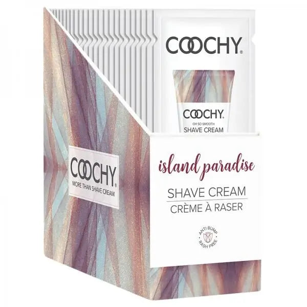 Coochy Island Paradise Shave Cream 24-foil display box with sample tube, anti-bump formula